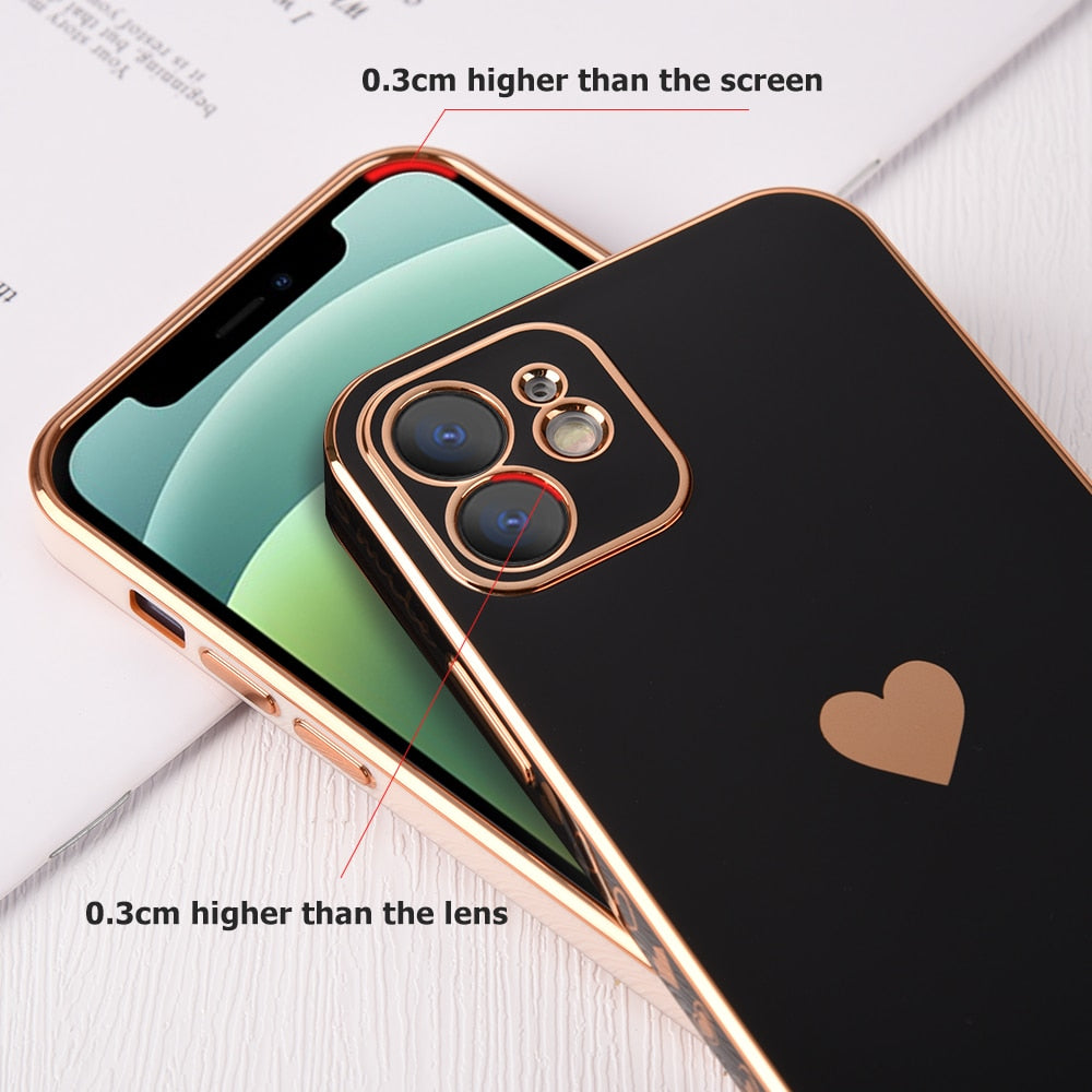 Full Lens Protection Plated Heart Phone Case For iPhone